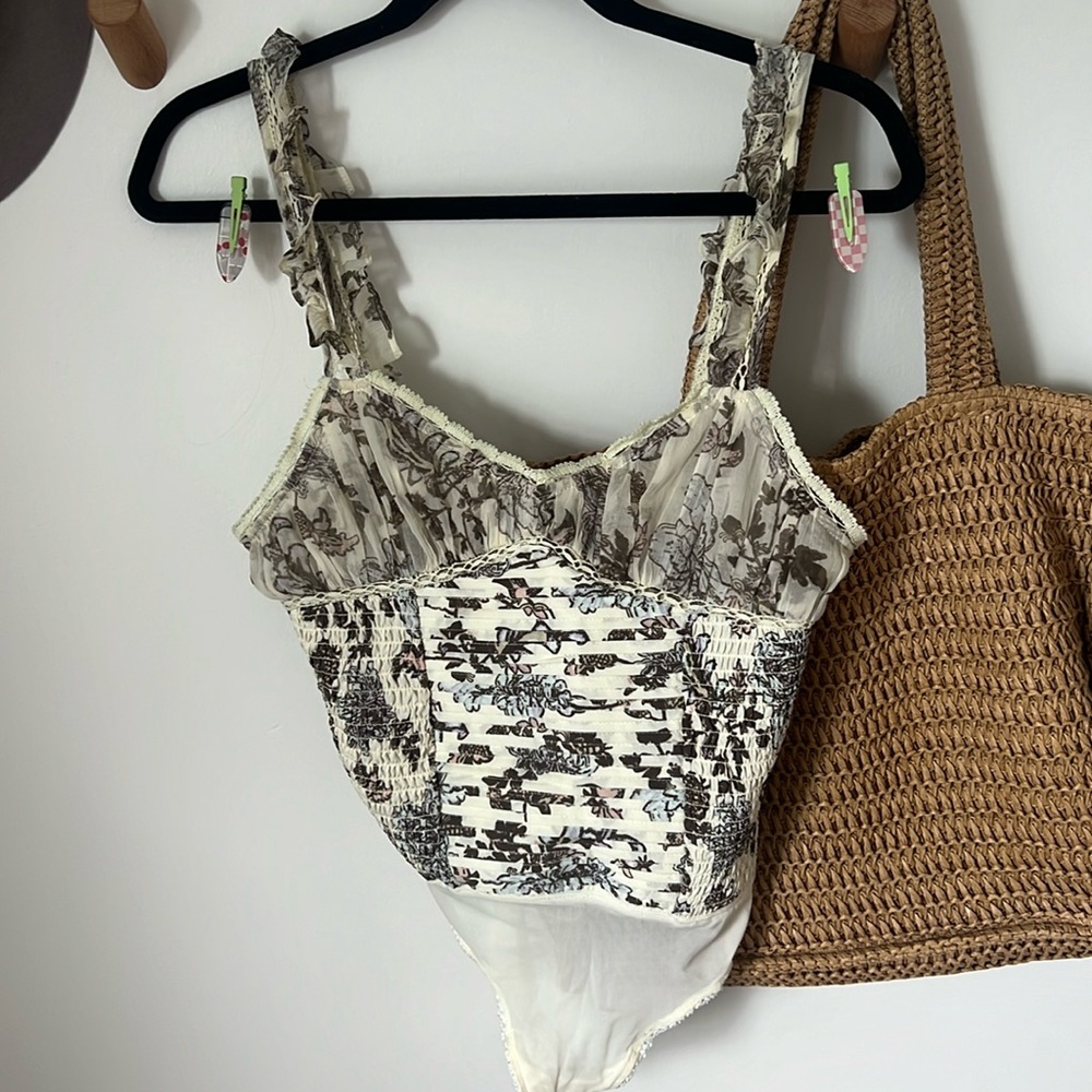 Free People Floral Print Cream and Brown Bodysuit
